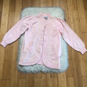 Vintage Alexa Grace Lambswool Rabbit Hair Pearl Embroidered Pink Cardigan S/M